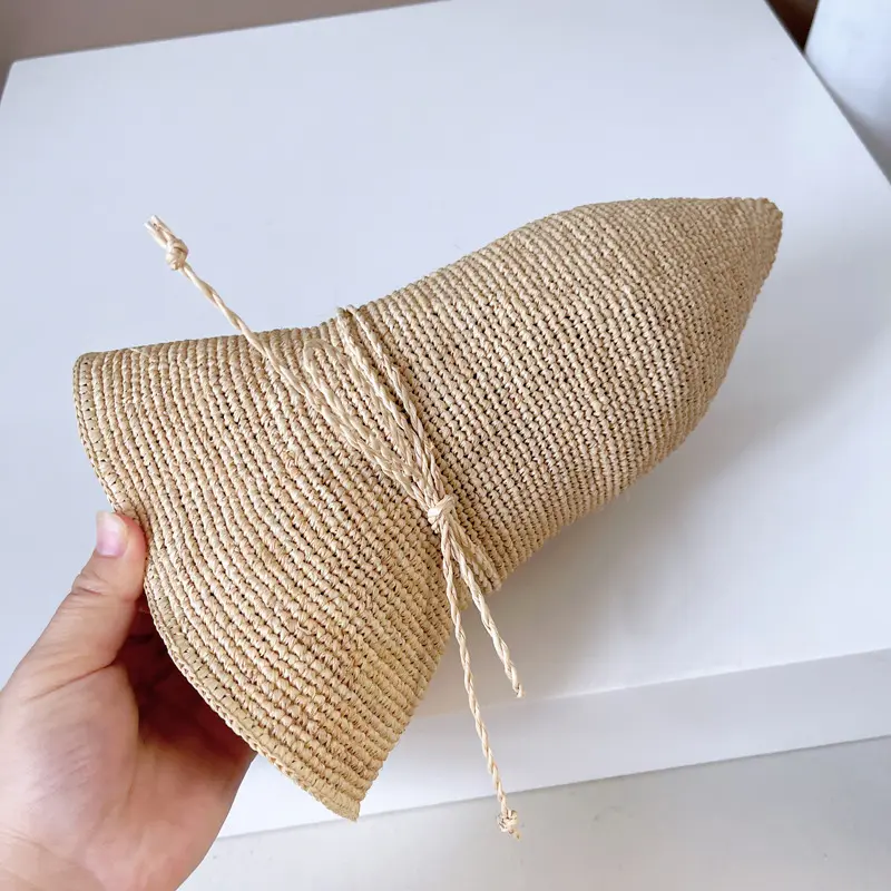 Fine Crochet Bucket Hat Handmade Raffia Straw Hat Fisherman Women's Summer Sun 4 Row Crochet Weave Caps