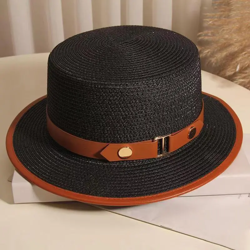 Elegant Grass Hat Sunshade Hat Travel Vacation Leather Belt Flat Fisherman Boater Panama Hat For Women