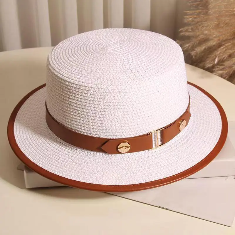 Elegant Grass Hat Sunshade Hat Travel Vacation Leather Belt Flat Fisherman Boater Panama Hat For Women