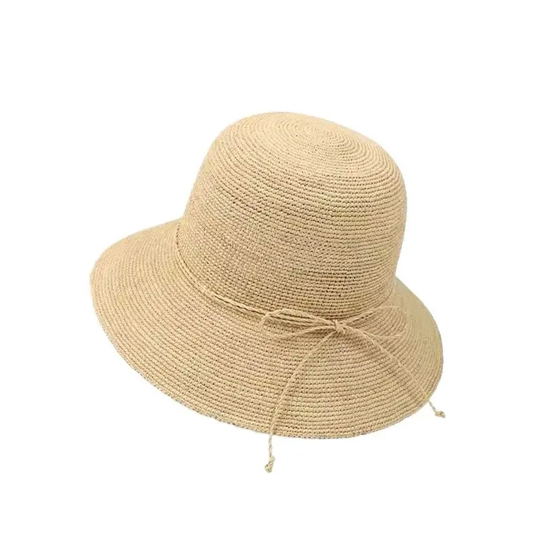 Fine Crochet Bucket Hat Handmade Raffia Straw Hat Fisherman Women's Summer Sun 4 Row Crochet Weave Caps