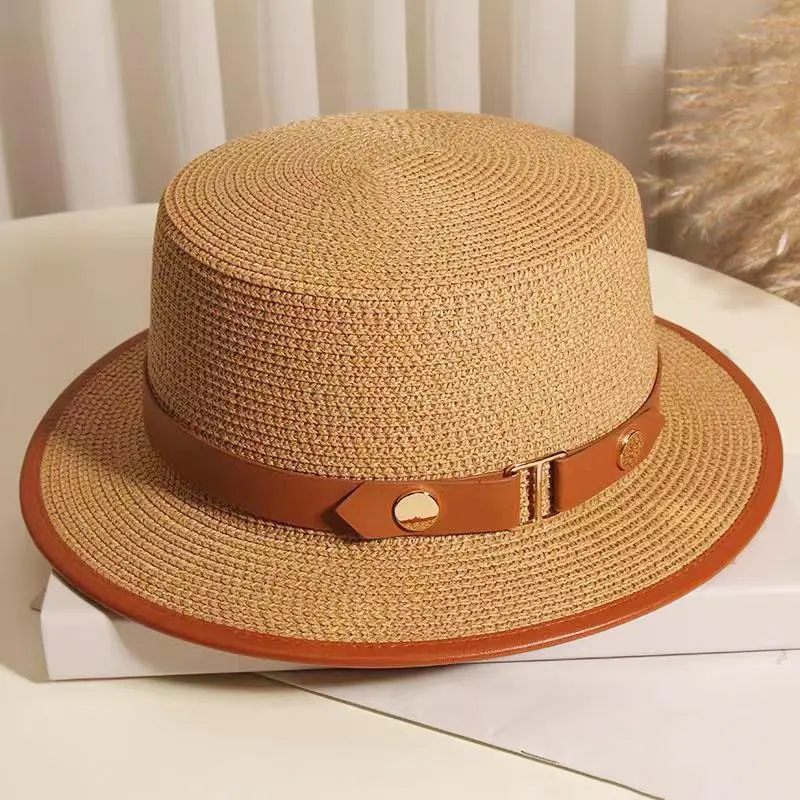 Elegant Grass Hat Sunshade Hat Travel Vacation Leather Belt Flat Fisherman Boater Panama Hat For Women