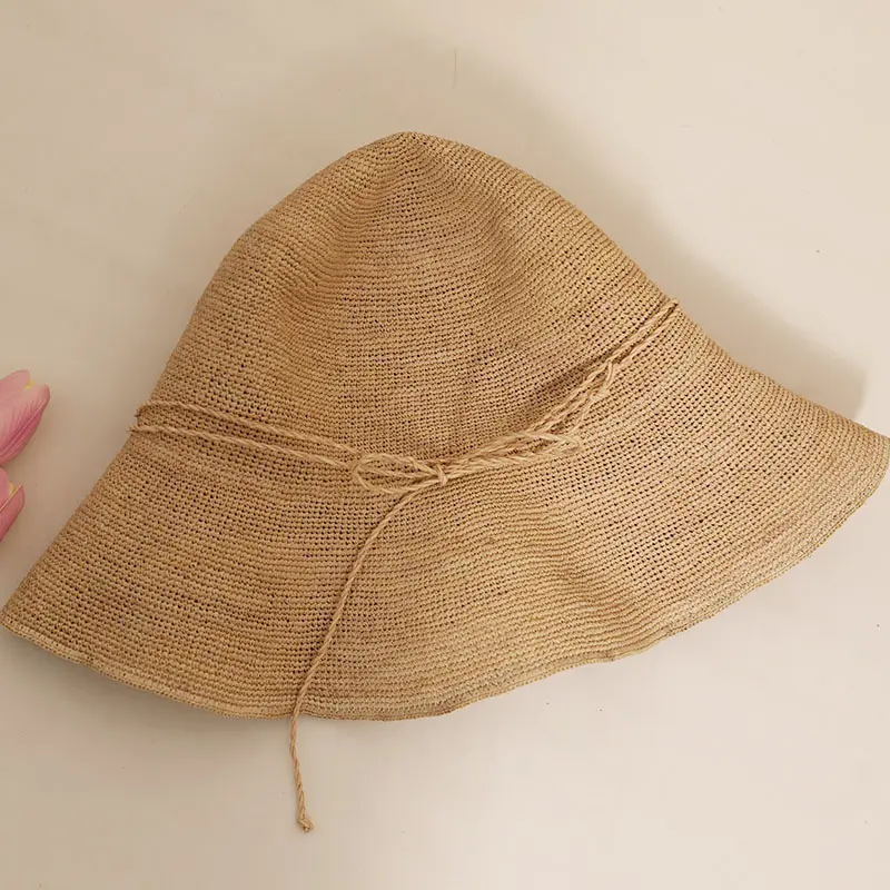 Fine Crochet Bucket Hat Handmade Raffia Straw Hat Fisherman Women's Summer Sun 4 Row Crochet Weave Caps