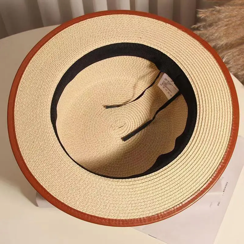 Elegant Grass Hat Sunshade Hat Travel Vacation Leather Belt Flat Fisherman Boater Panama Hat For Women