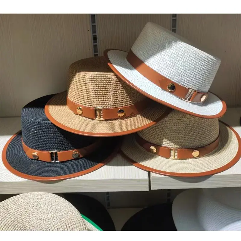 Elegant Grass Hat Sunshade Hat Travel Vacation Leather Belt Flat Fisherman Boater Panama Hat For Women