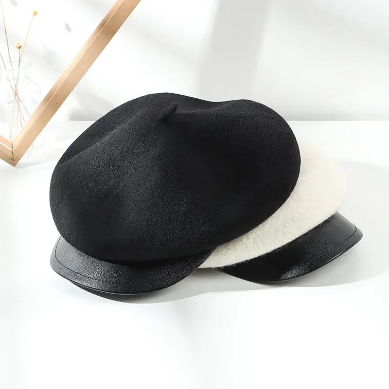 Female Autumn Winter Hats Women Retro Leather Brim Peak British Wool Felt Casquette Newsboy Cap Octagonal Hat