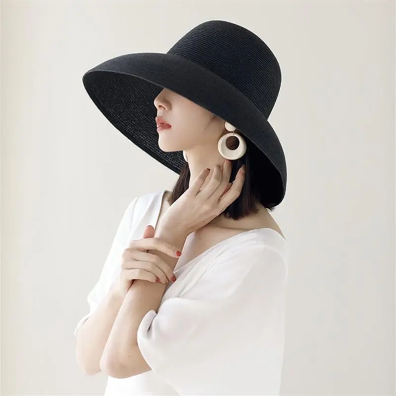 Women French Hepburn Sunshade Hat Beach Bucket Hat Foldable Big Round Panama Woven Wide Paper Straw Hat