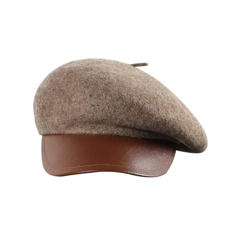 Female Autumn Winter Hats Women Retro Leather Brim Peak British Wool Felt Casquette Newsboy Cap Octagonal Hat