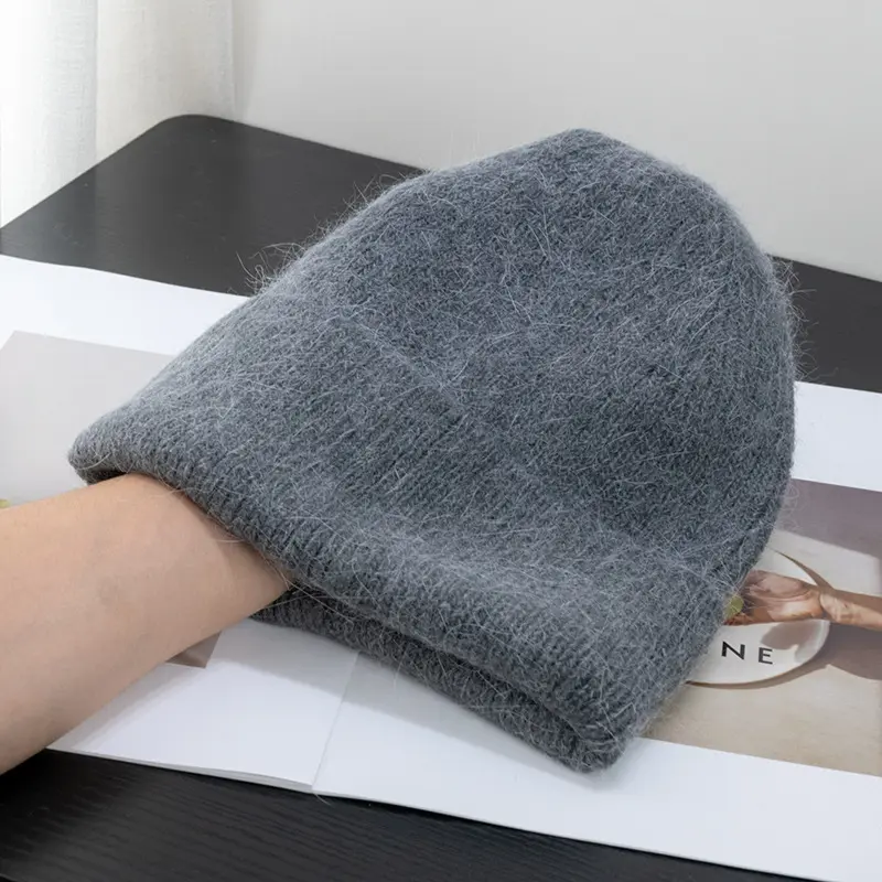 Lady Soft Furry Long Angora Rabbit Fur Acrylic Winter Hat Plush Cuff Knit Fluffy Beanie Cap