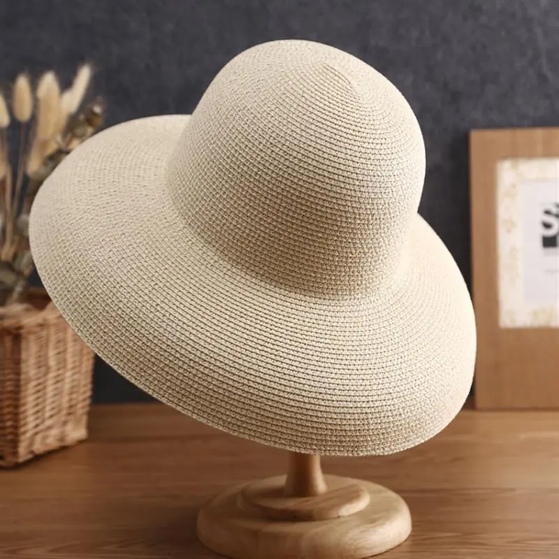 Women French Hepburn Sunshade Hat Beach Bucket Hat Foldable Big Round Panama Woven Wide Paper Straw Hat