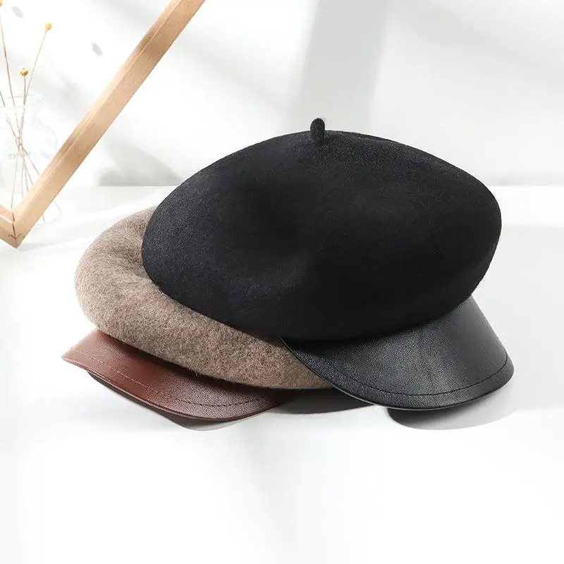 Female Autumn Winter Hats Women Retro Leather Brim Peak British Wool Felt Casquette Newsboy Cap Octagonal Hat