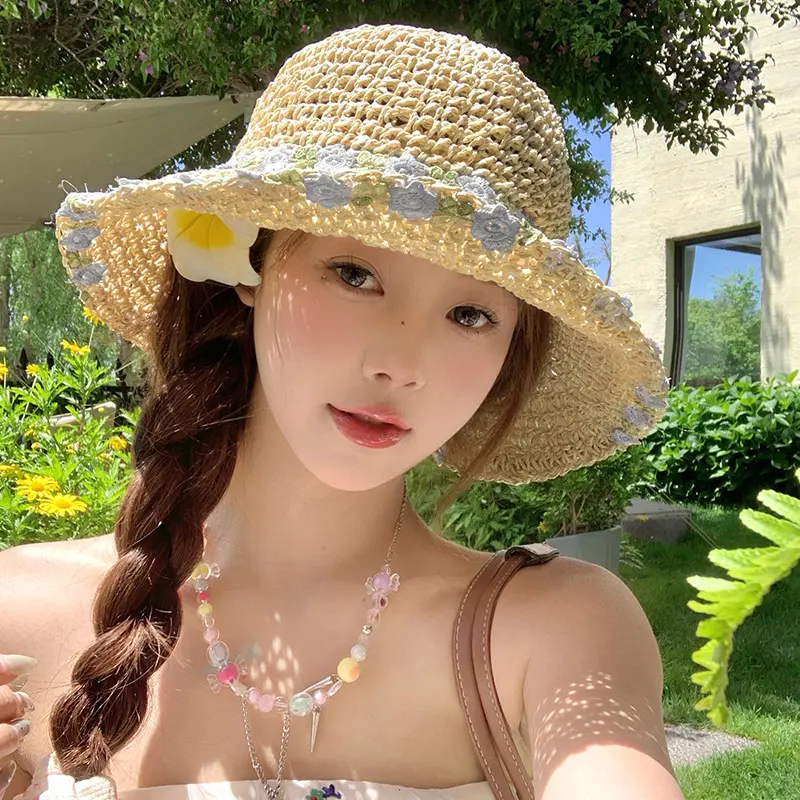 Fresh Country Flower Weave Grass Hat Women Big Brim Beach Sunscreen Anti UV Sun Handmade Bucket Hat