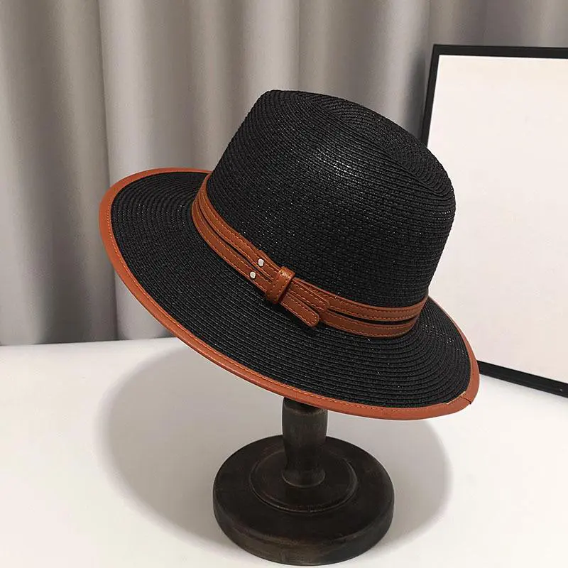 Fashion Double Belts British Top Hat Summer Vacation Panama Beach Hat Jazz Sun Shading Fedora Straw Hat