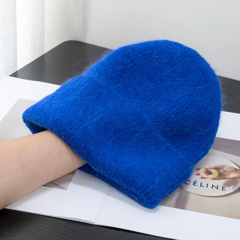 Lady Soft Furry Long Angora Rabbit Fur Acrylic Winter Hat Plush Cuff Knit Fluffy Beanie Cap
