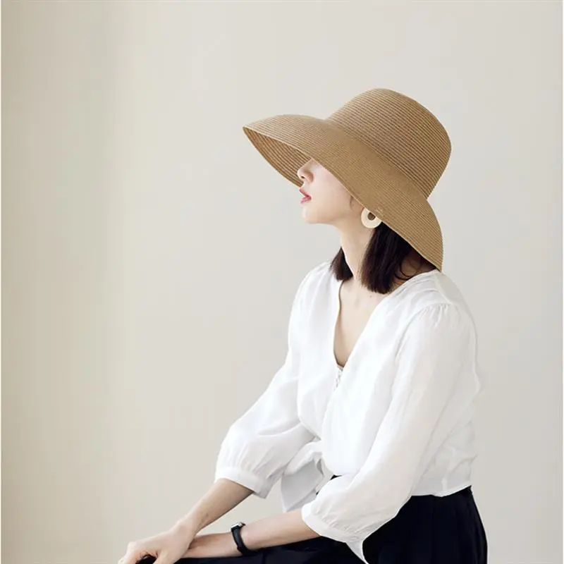 Women French Hepburn Sunshade Hat Beach Bucket Hat Foldable Big Round Panama Woven Wide Paper Straw Hat