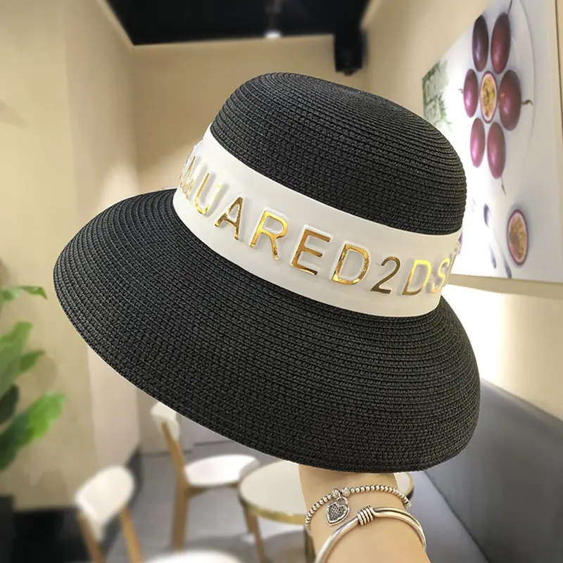 Women Vintage French Hepburn Straw Hat Sunshade Big Brim Travel Beach Letters Ribbon Holiday Beach Caps