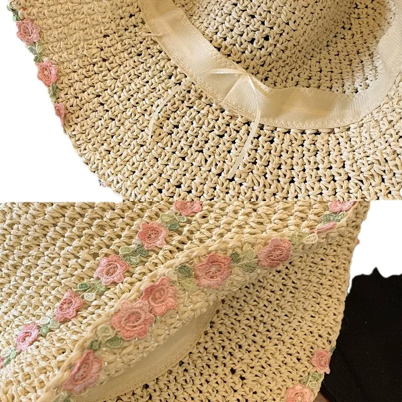 Fresh Country Flower Weave Grass Hat Women Big Brim Beach Sunscreen Anti UV Sun Handmade Bucket Hat