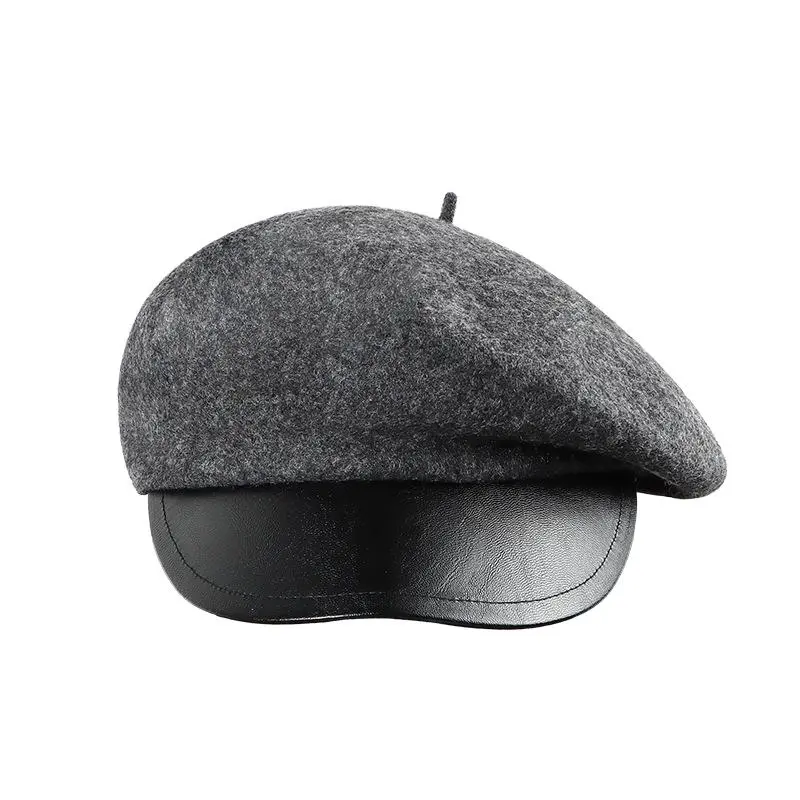 Female Autumn Winter Hats Women Retro Leather Brim Peak British Wool Felt Casquette Newsboy Cap Octagonal Hat