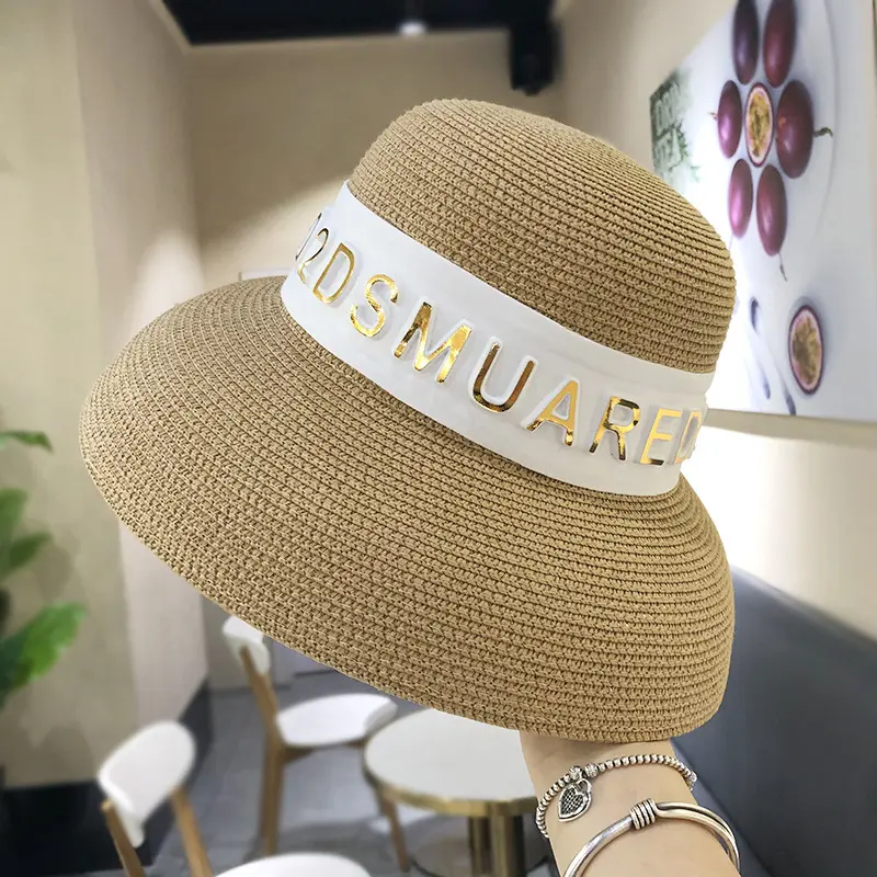 Women Vintage French Hepburn Straw Hat Sunshade Big Brim Travel Beach Letters Ribbon Holiday Beach Caps