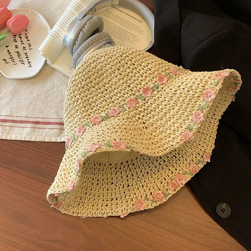 Fresh Country Flower Weave Grass Hat Women Big Brim Beach Sunscreen Anti UV Sun Handmade Bucket Hat