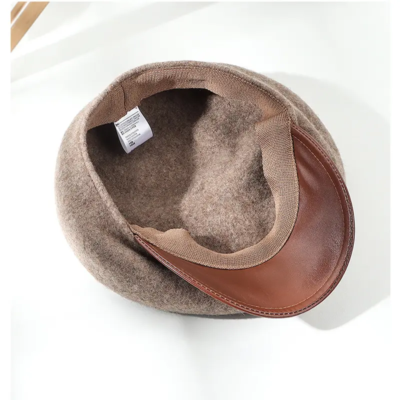 Female Autumn Winter Hats Women Retro Leather Brim Peak British Wool Felt Casquette Newsboy Cap Octagonal Hat