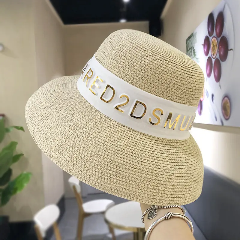 Women Vintage French Hepburn Straw Hat Sunshade Big Brim Travel Beach Letters Ribbon Holiday Beach Caps