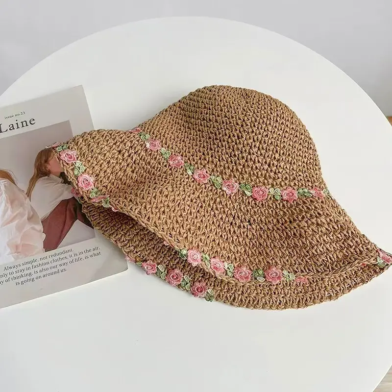 Fresh Country Flower Weave Grass Hat Women Big Brim Beach Sunscreen Anti UV Sun Handmade Bucket Hat