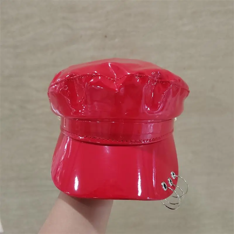 Female New Red PU Synthetic Leather Newsboy Cap Shiny Fashion Street Baseball Octagonal Cap