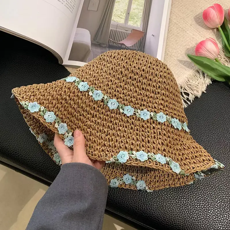Fresh Country Flower Weave Grass Hat Women Big Brim Beach Sunscreen Anti UV Sun Handmade Bucket Hat