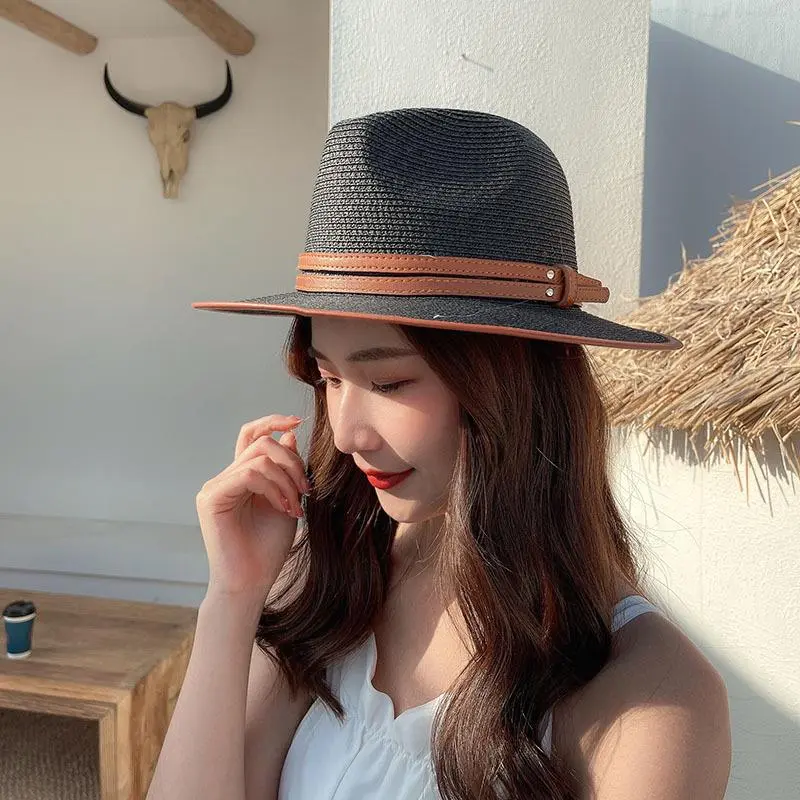 Fashion Double Belts British Top Hat Summer Vacation Panama Beach Hat Jazz Sun Shading Fedora Straw Hat