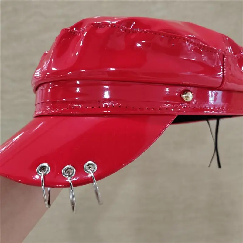 Female New Red PU Synthetic Leather Newsboy Cap Shiny Fashion Street Baseball Octagonal Cap