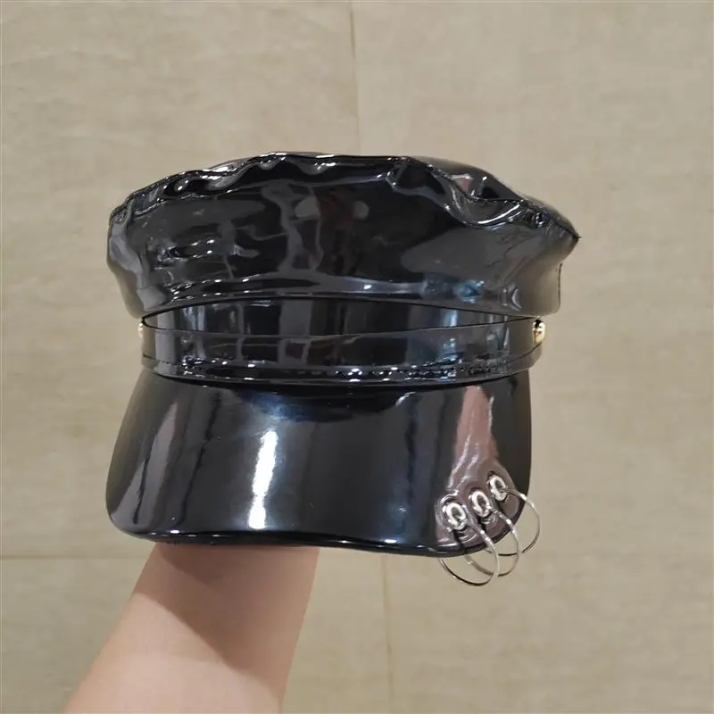 Female New Red PU Synthetic Leather Newsboy Cap Shiny Fashion Street Baseball Octagonal Cap