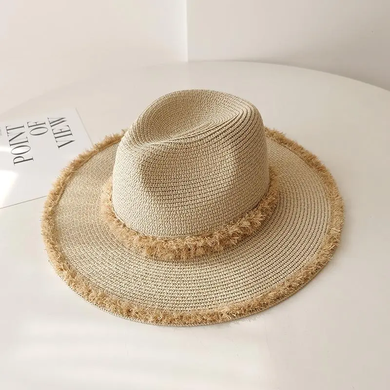 Women'S Sun Beach Vacation Panama Hat Sunshade Hat Raffia Edge Fedora Straw Hat