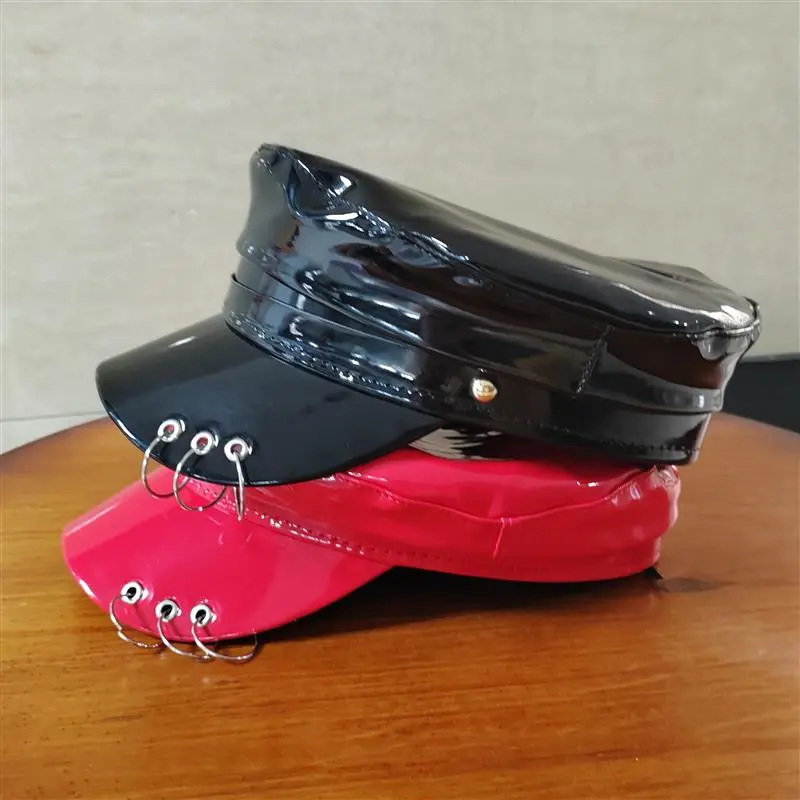 Female New Red PU Synthetic Leather Newsboy Cap Shiny Fashion Street Baseball Octagonal Cap