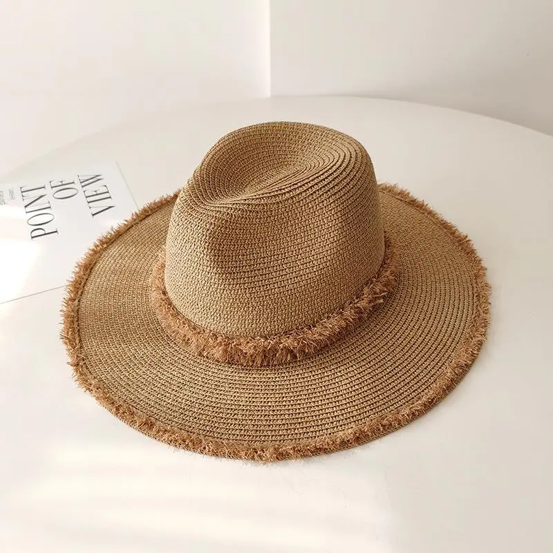 Women'S Sun Beach Vacation Panama Hat Sunshade Hat Raffia Edge Fedora Straw Hat