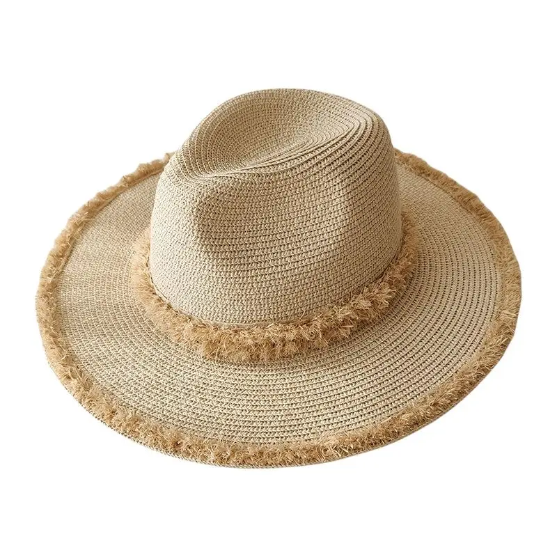 Women'S Sun Beach Vacation Panama Hat Sunshade Hat Raffia Edge Fedora Straw Hat