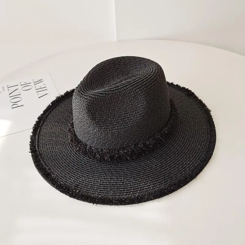 Women'S Sun Beach Vacation Panama Hat Sunshade Hat Raffia Edge Fedora Straw Hat