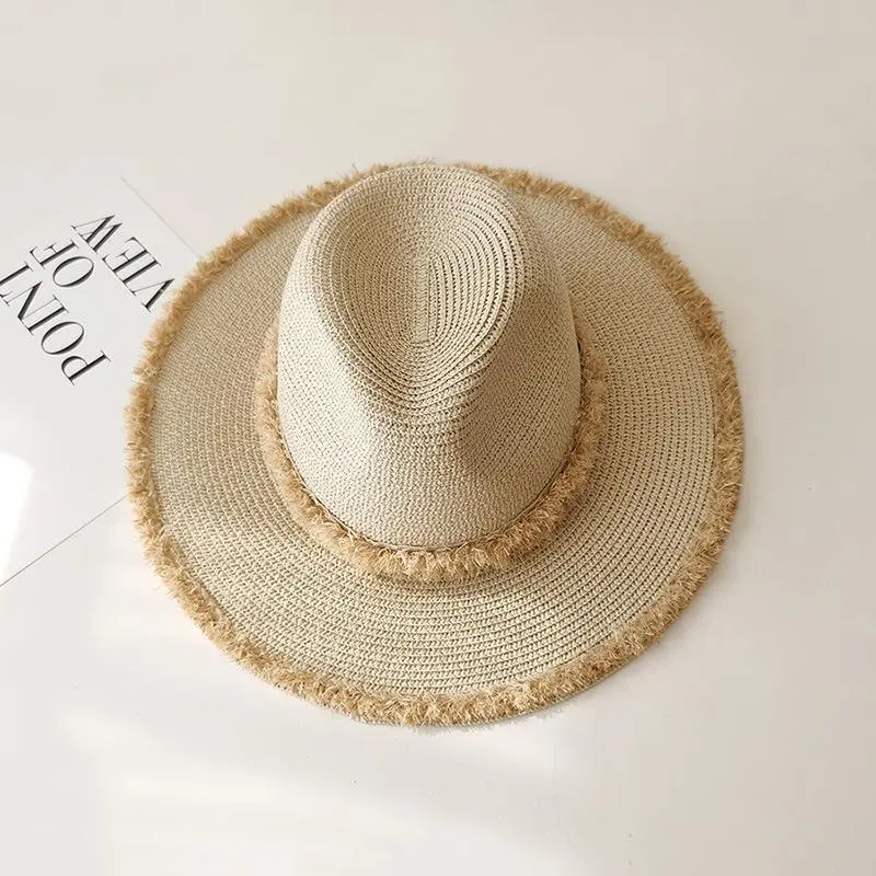 Women'S Sun Beach Vacation Panama Hat Sunshade Hat Raffia Edge Fedora Straw Hat
