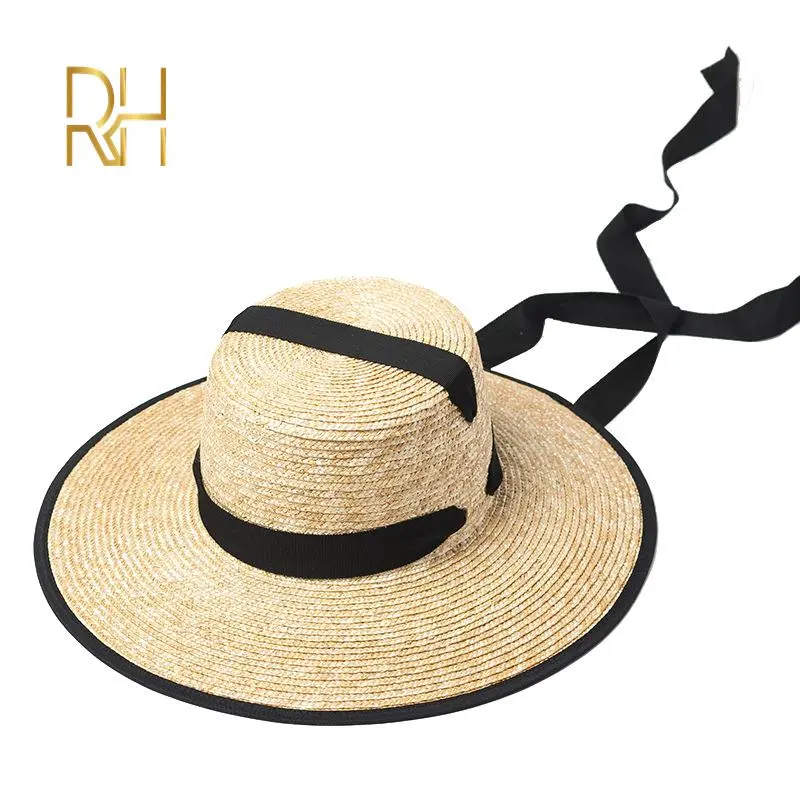 New Stylish Flat Top Boater Straw Hat Big Outdoor Gold Eyelets Sunshade Spring Summer Wheat Straw Hat With Black Red Band RH