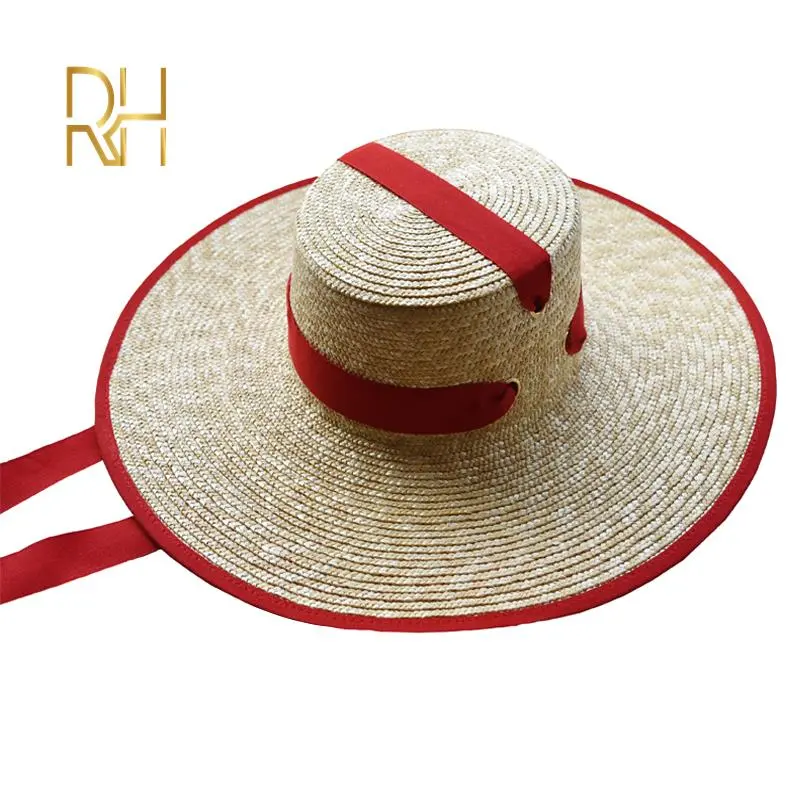 New Stylish Flat Top Boater Straw Hat Big Outdoor Gold Eyelets Sunshade Spring Summer Wheat Straw Hat With Black Red Band RH