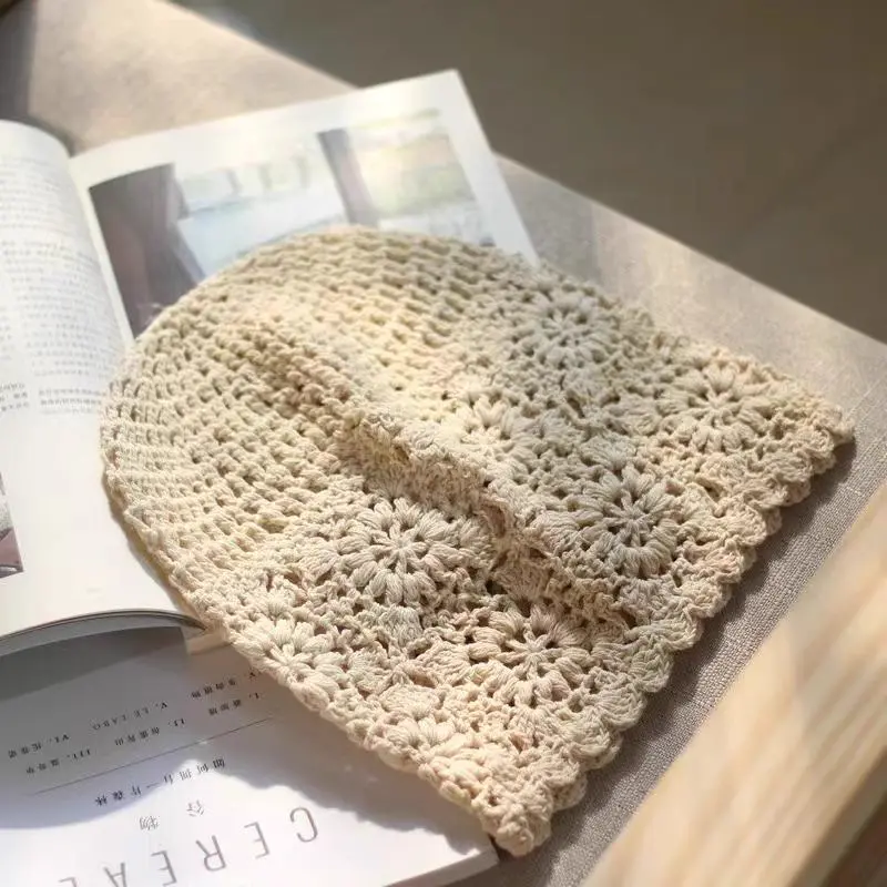 Women Exquisite Hollow Thin Lace Art Knit Crochet Beanie Flower Solid Colors Breathable Fashion Hat