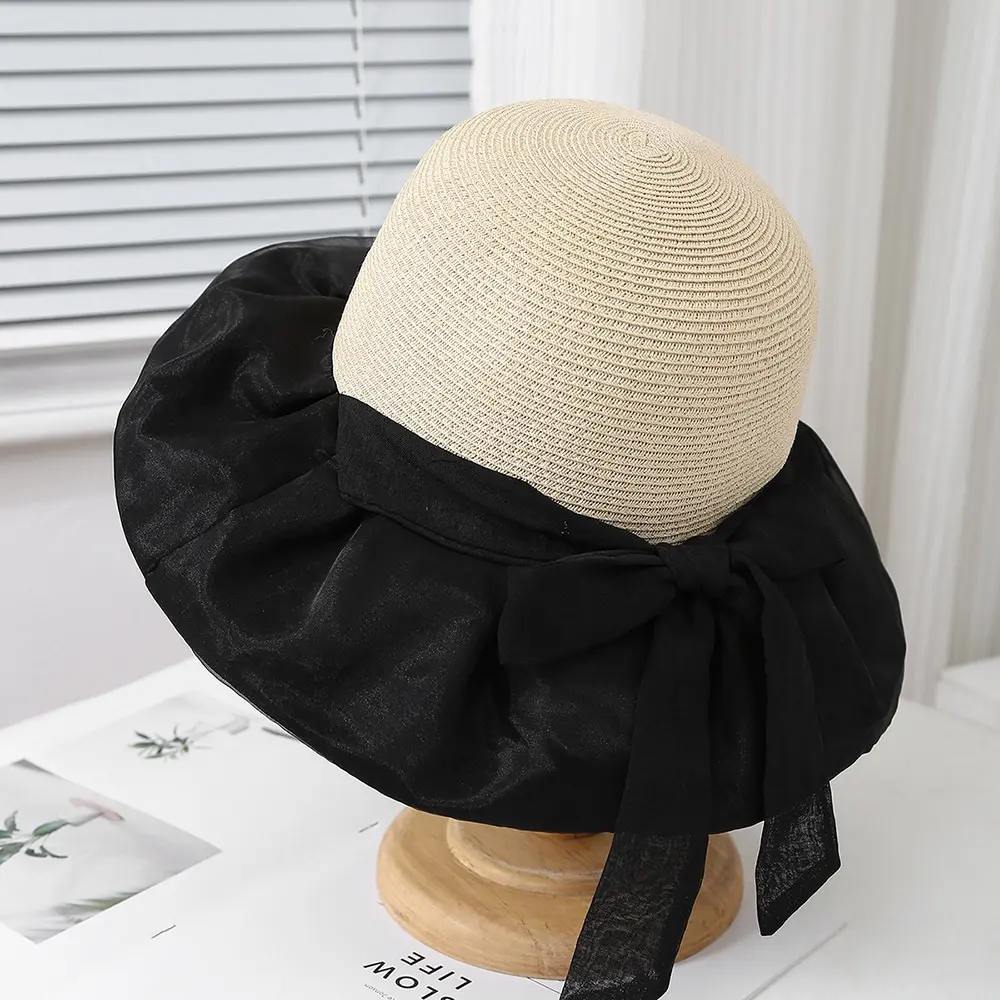 Lady Organza Lace Bow Foldable Sun Protection Elegant Large Eave Outdoor Vacation Travel Straw Hat