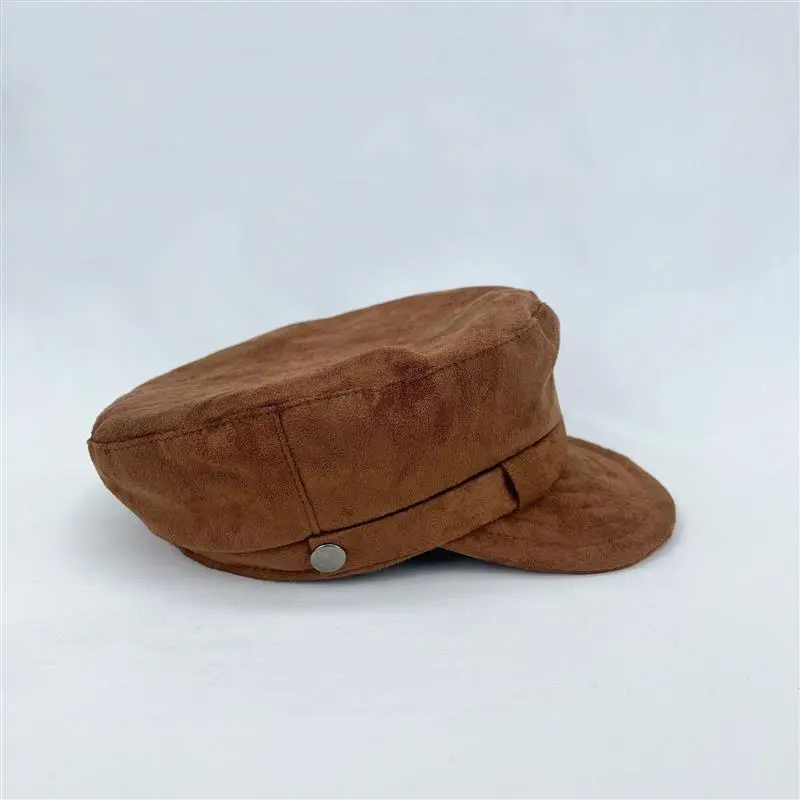 Retro Brown Suede Winter Military Cap Men Women Fashion Flat Newsboy Cap Autumn Belt Ribbon Chapeau Visor Hat
