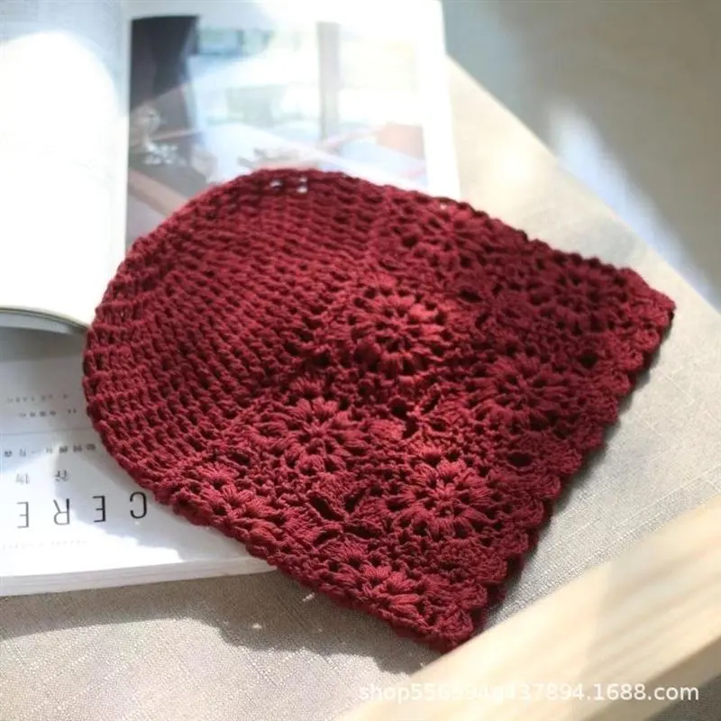 Women Exquisite Hollow Thin Lace Art Knit Crochet Beanie Flower Solid Colors Breathable Fashion Hat