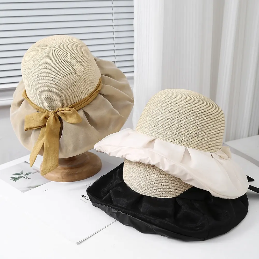 Lady Organza Lace Bow Foldable Sun Protection Elegant Large Eave Outdoor Vacation Travel Straw Hat
