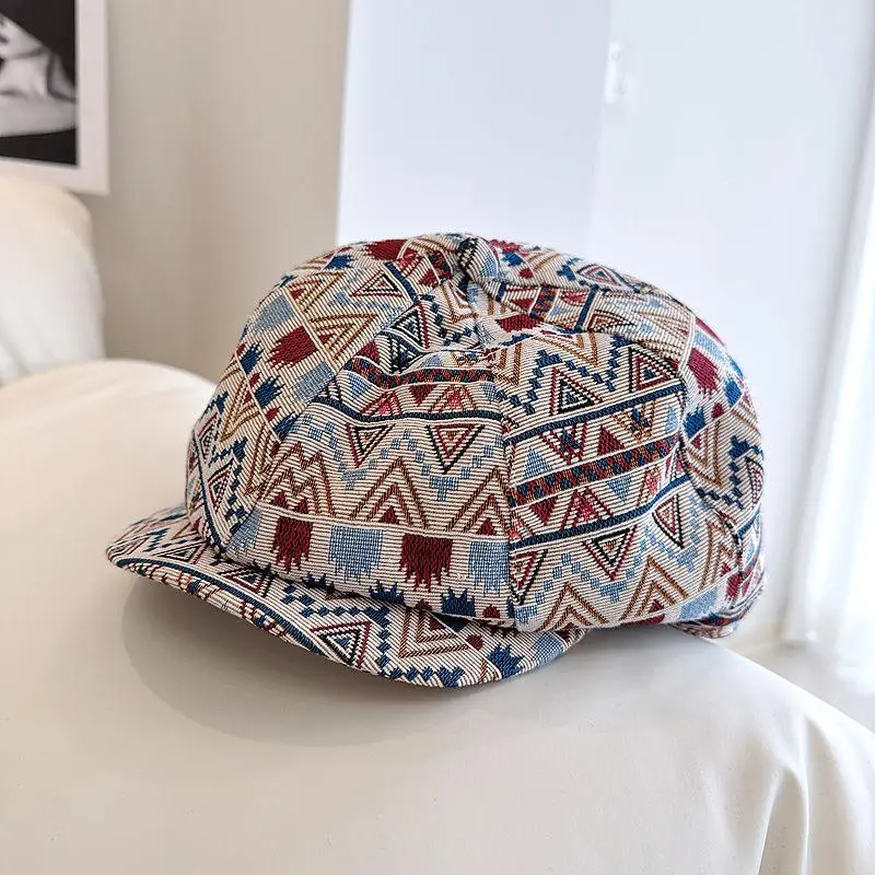 Oil Paint Print Octagonal Hat Women Sping Autumn Fashion Retro Trendy Jacquard Thick Newsboy Hat