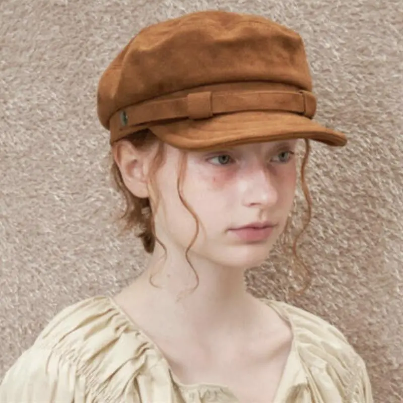 Retro Brown Suede Winter Military Cap Men Women Fashion Flat Newsboy Cap Autumn Belt Ribbon Chapeau Visor Hat