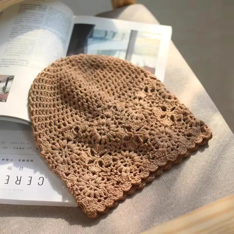Women Exquisite Hollow Thin Lace Art Knit Crochet Beanie Flower Solid Colors Breathable Fashion Hat