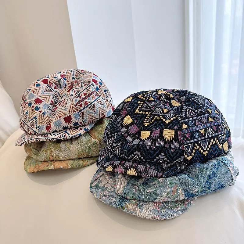 Oil Paint Print Octagonal Hat Women Sping Autumn Fashion Retro Trendy Jacquard Thick Newsboy Hat