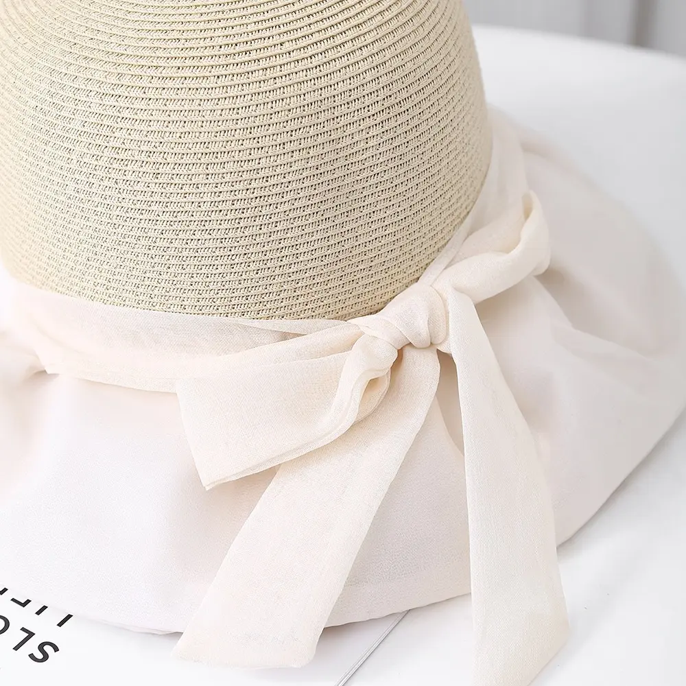 Lady Organza Lace Bow Foldable Sun Protection Elegant Large Eave Outdoor Vacation Travel Straw Hat