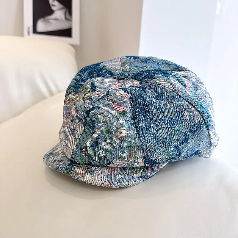 Oil Paint Print Octagonal Hat Women Sping Autumn Fashion Retro Trendy Jacquard Thick Newsboy Hat